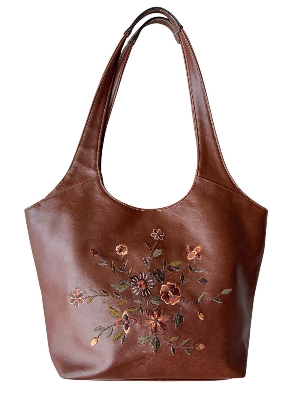 Vintage Floral Embroidered Faux Leather Shoulder Bag Tote Brown Cottagecore Boho